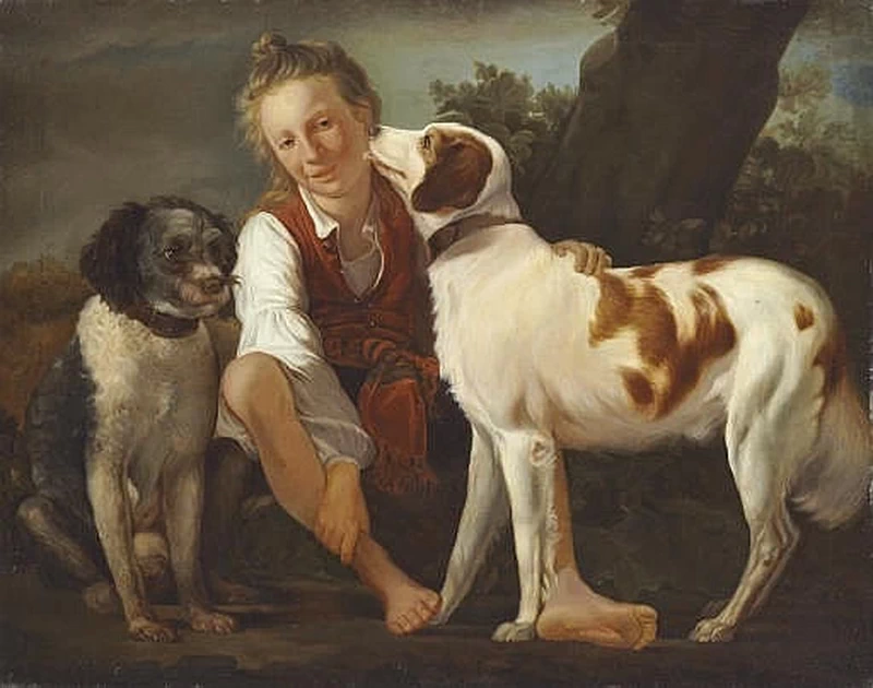 Un ragazzo con due cani in un paesaggio
